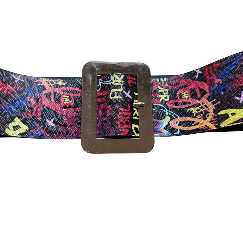 Graffiti Print Faux Leather Wide Waist Belt with Oversized Buckle for Women